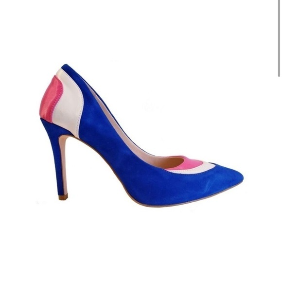 Things II Come NWOB Blue Pink White Color Block Suede Pumps 7.5